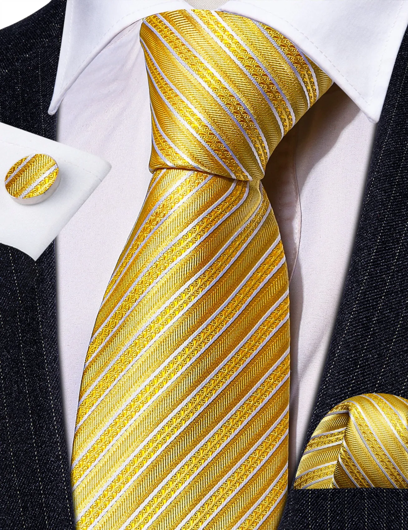 Barry. Wang Yellow White Silk Striped Tie Pocket Square Cufflinks Set sold by Barrywang product image thumbnail 3