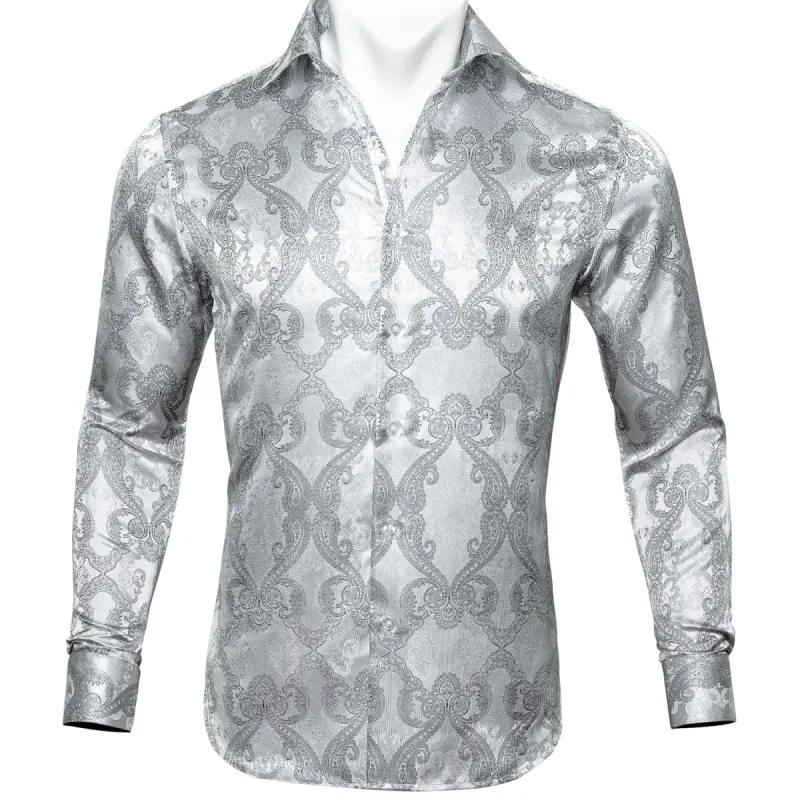 Barry Wang Long Sleeve Shirt Novelty Silver Paisley Silk Men's Button Up Shirt sold by Barrywang