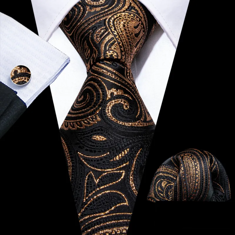 Barry Wang Ties Black Gold Paisley Silk Tie Handkerchief Cufflinks Set sold by Barrywang