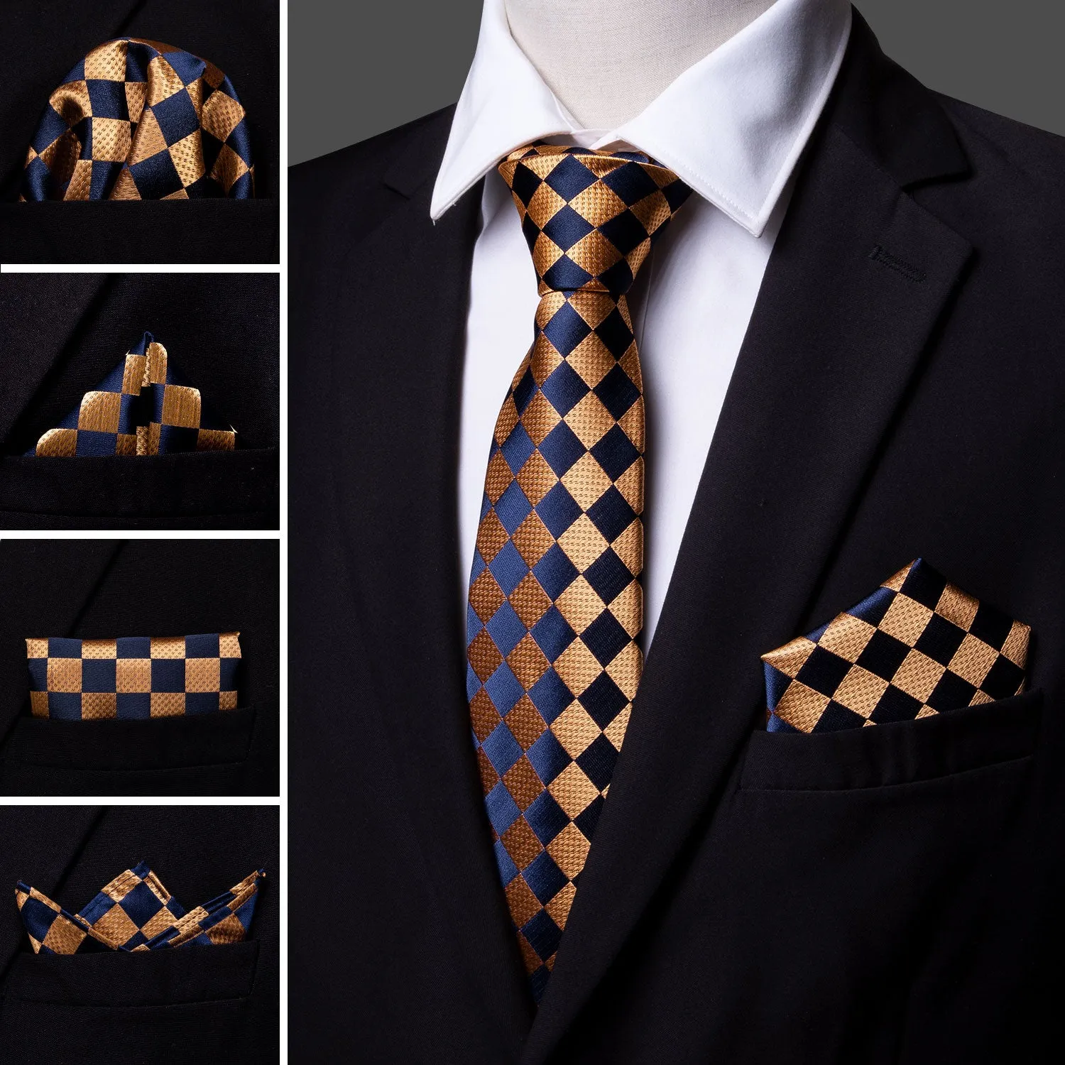 Barry Wang Orange Navy Blue Checkered Tie Pocket Square Cufflinks Set sold by Barrywang product image thumbnail 2
