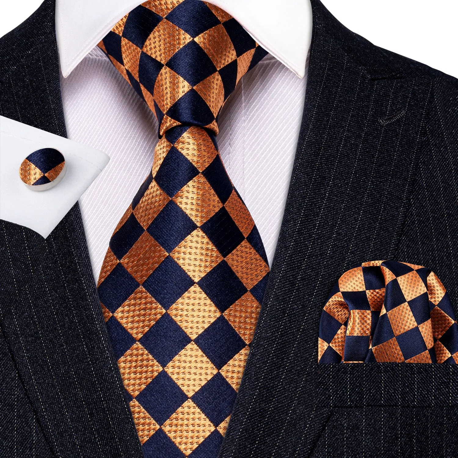Barry Wang Orange Navy Blue Checkered Tie Pocket Square Cufflinks Set sold by Barrywang product image thumbnail 3