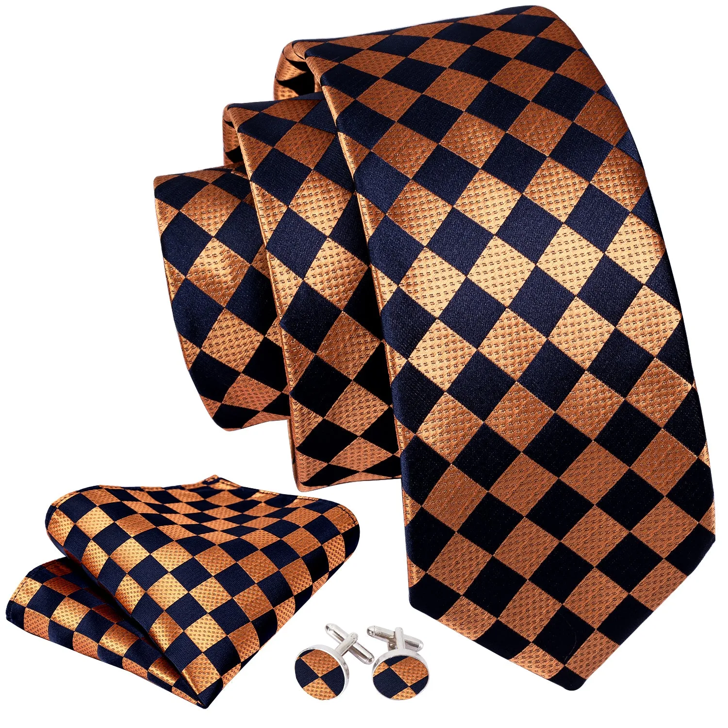 Barry Wang Orange Navy Blue Checkered Tie Pocket Square Cufflinks Set sold by Barrywang product image thumbnail 4