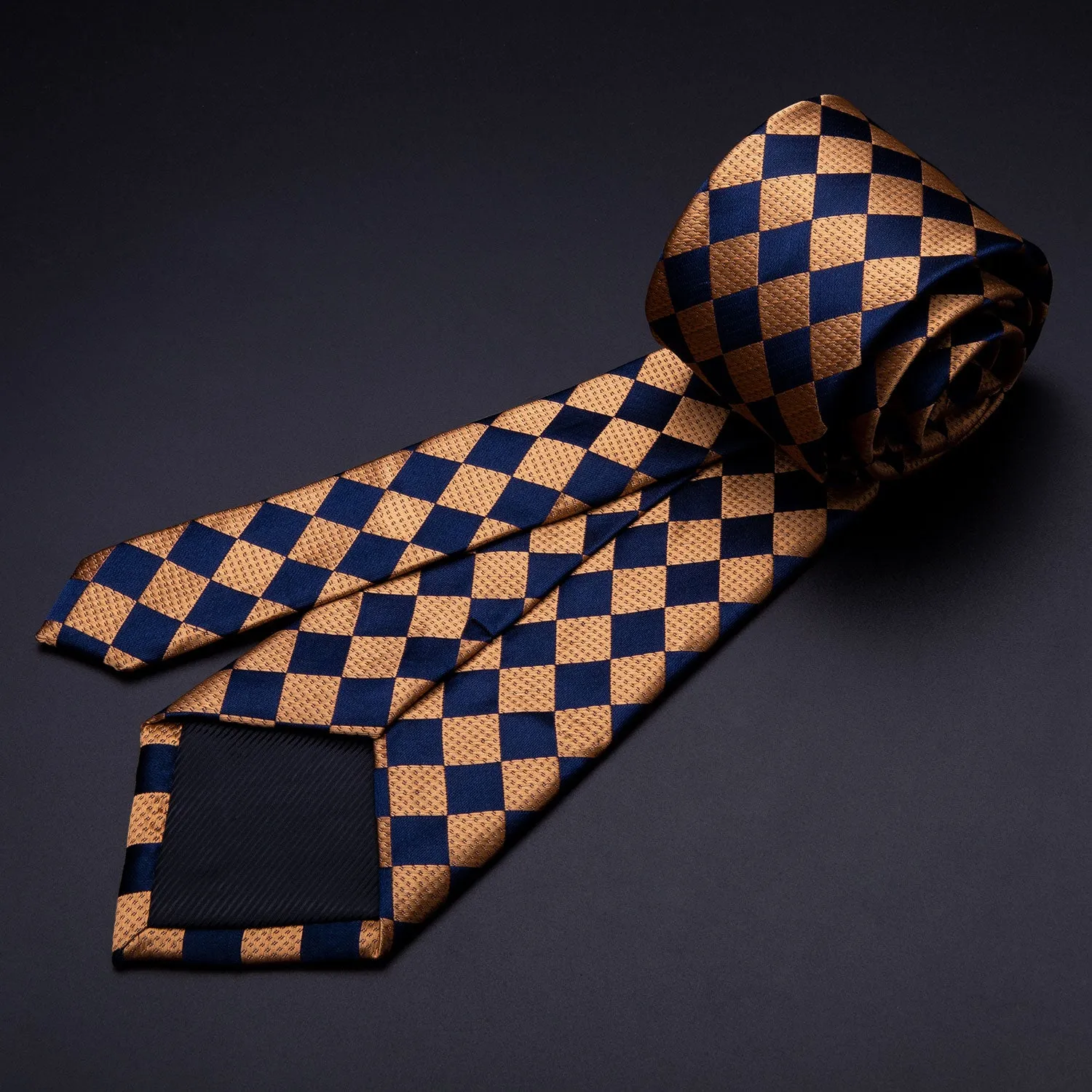 Barry Wang Orange Navy Blue Checkered Tie Pocket Square Cufflinks Set sold by Barrywang product image thumbnail 5