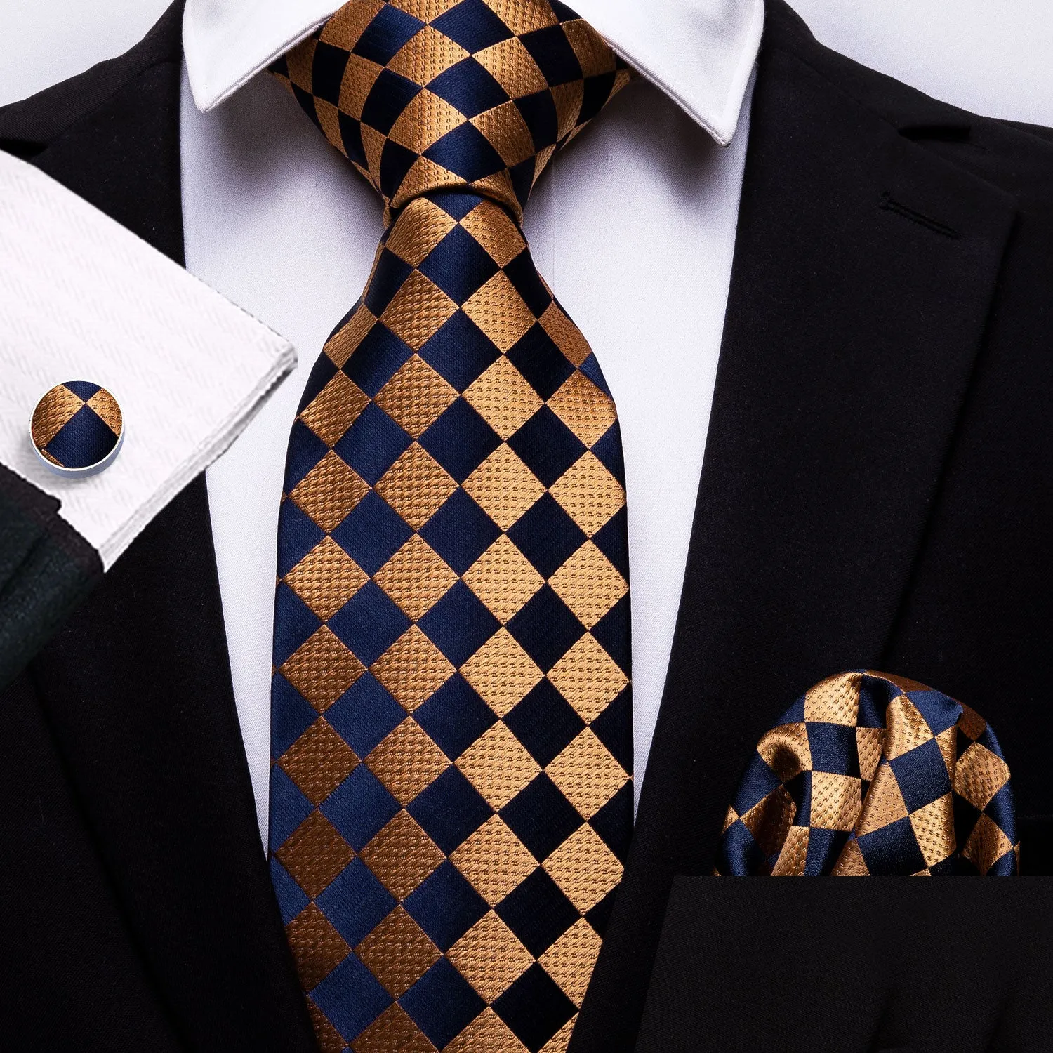 Barry Wang Orange Navy Blue Checkered Tie Pocket Square Cufflinks Set sold by Barrywang