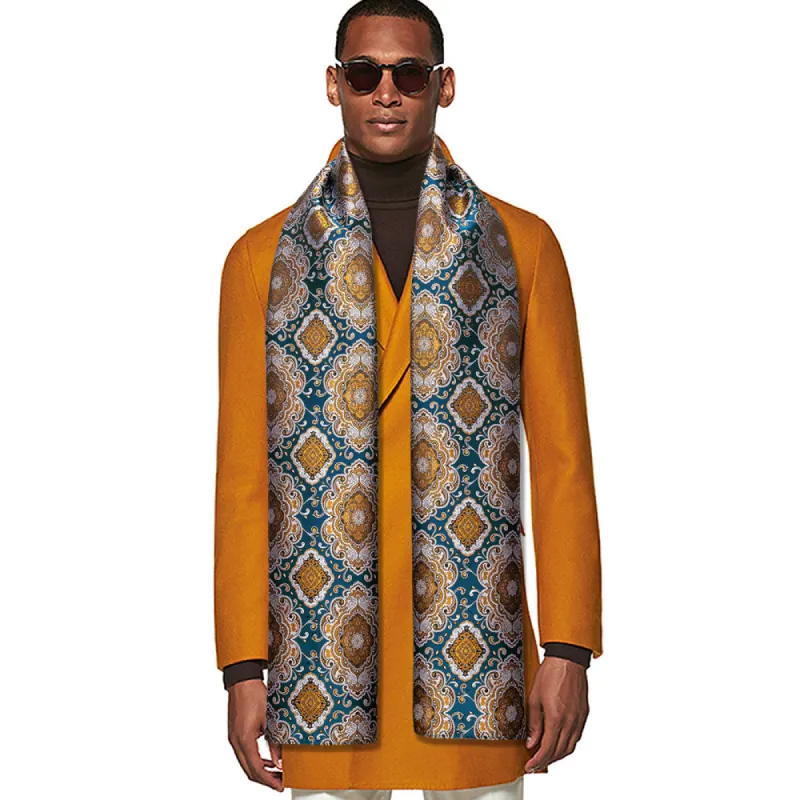 Barry Wang Silk scarf Luxury Blue Golden Silver Floral Scarf sold by Barrywang