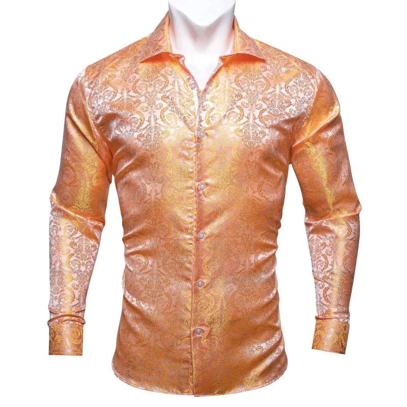 Barry Wang Light Orange Windsor Collar Gold Paisley Silk Shirt for Men sold by Barrywang