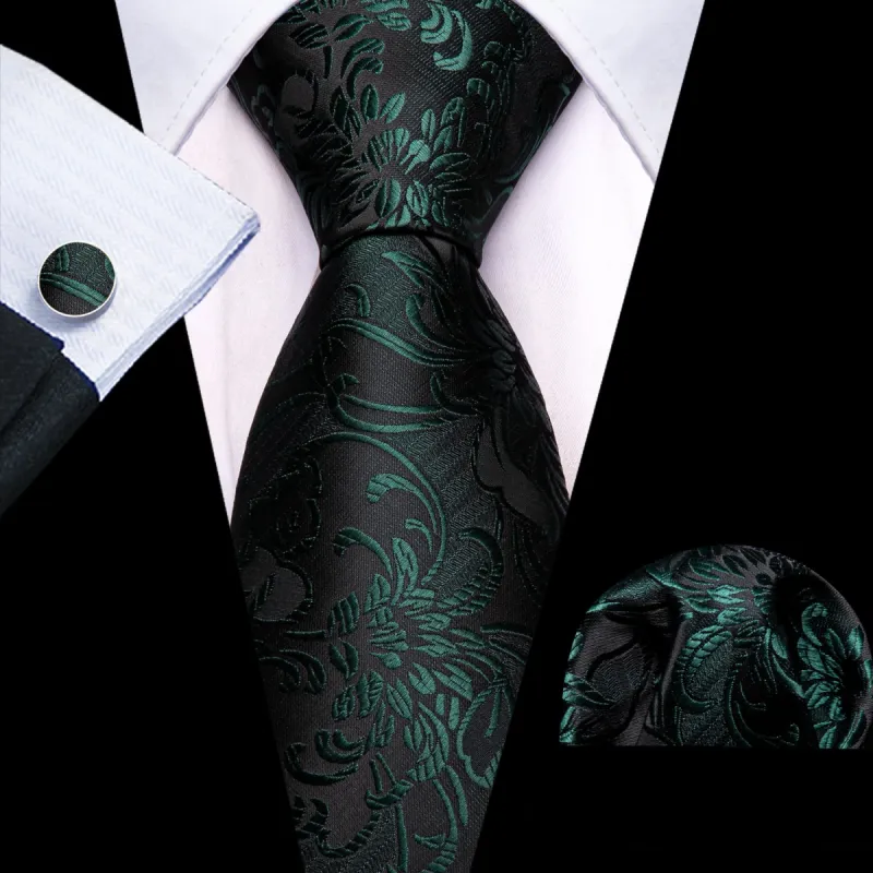 Barry Wang Black Ties Dark Green Jacquard Mens Floral Wedding Tie Set sold by Barrywang