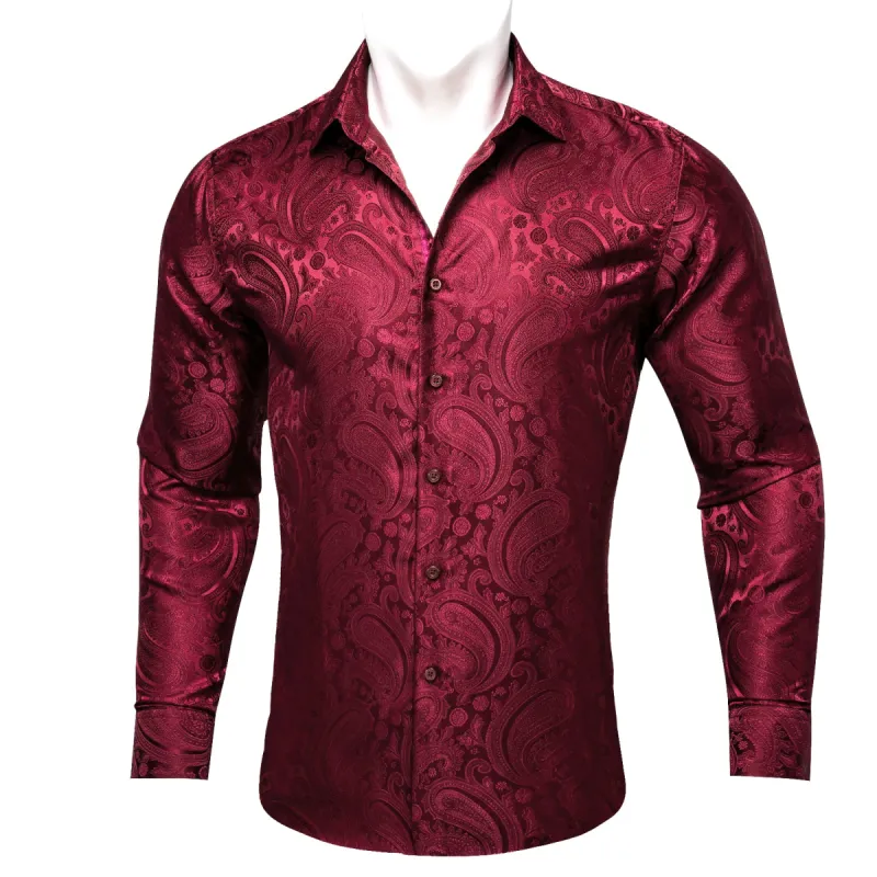 Barry. Wang Dark Red Shirts Men's Paisley Long Sleeve Silk Dress Shirt sold by Barrywang