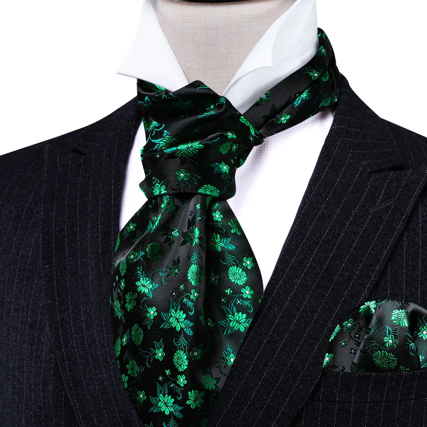 Green Black Flower Ascot Handkerchief Cufflinks Set sold by Barrywang
