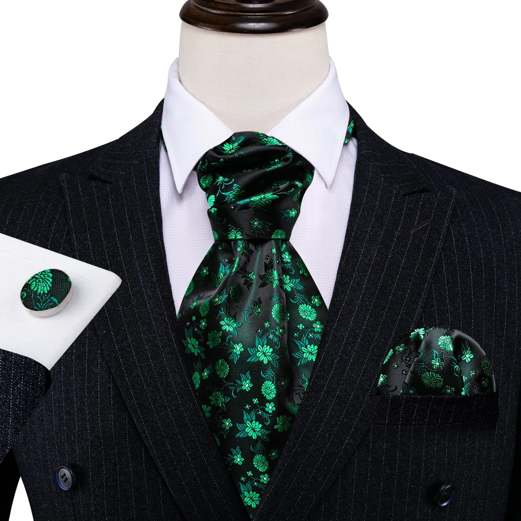Green Black Flower Ascot Handkerchief Cufflinks Set sold by Barrywang product image thumbnail 5