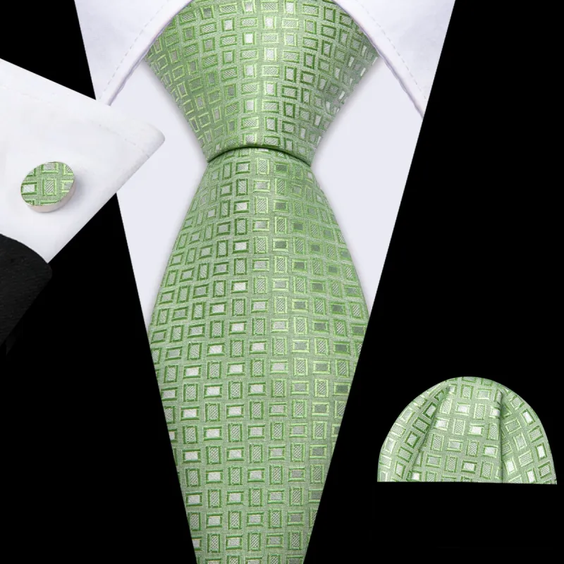 Barry Wang Green Plaid Silk Tie Pocket Square Cufflinks Set sold by Barrywang