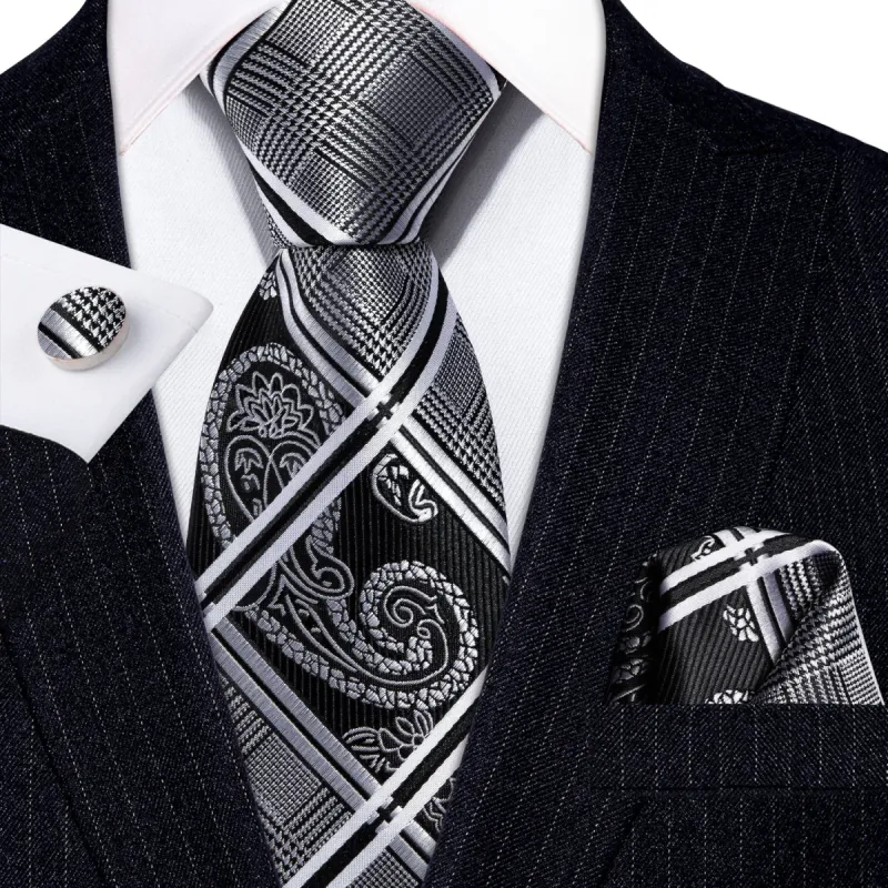 Barry. Wang Black Tie Grey Plaid Men's Tie Pocket Square Cufflinks Set sold by Barrywang