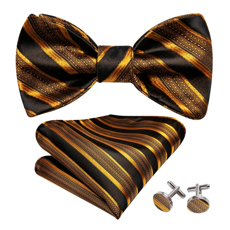 Barry.wang Men's Tie Black Gold Striped Bow Tie Hanky Cufflinks Set sold by Barrywang