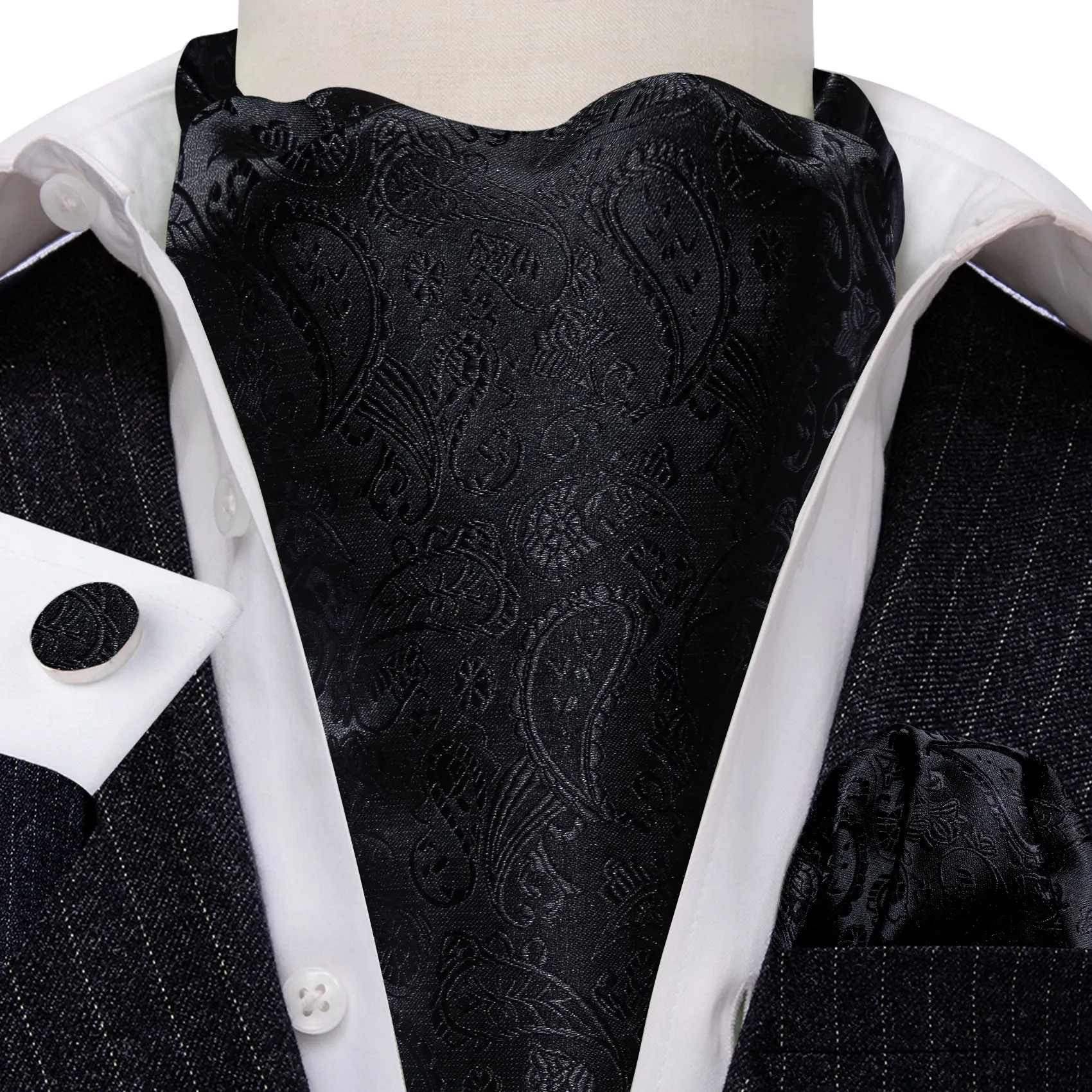 Barry. Wang Black Paisley Wedding Ascot Tie Handkerchief Cufflinks Set sold by Barrywang product image thumbnail 2