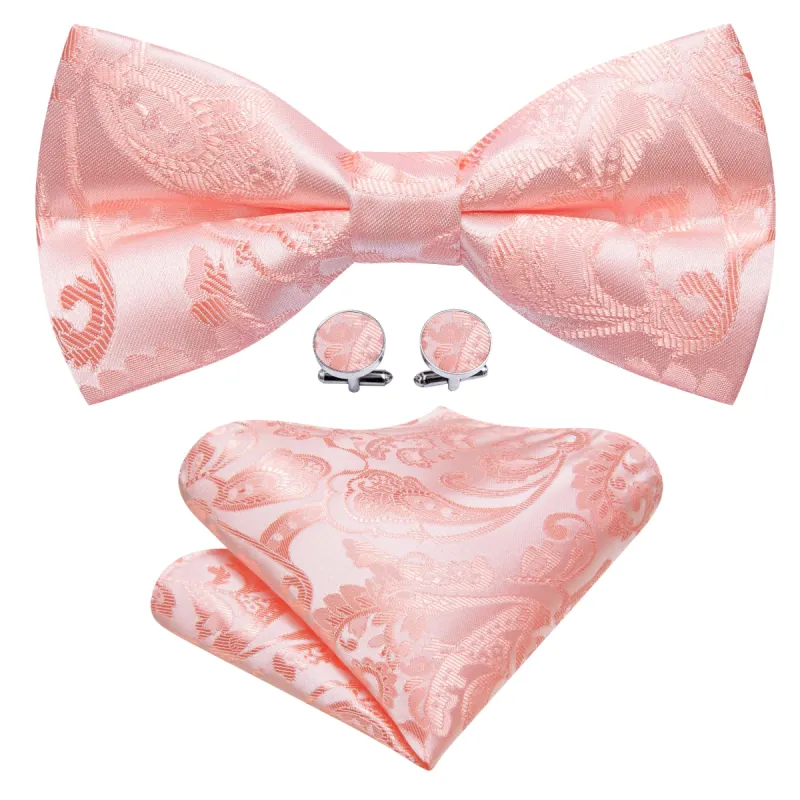 Pink Paisley Silk Pre Tied Bow Tie Hanky Cufflinks Set sold by Barrywang