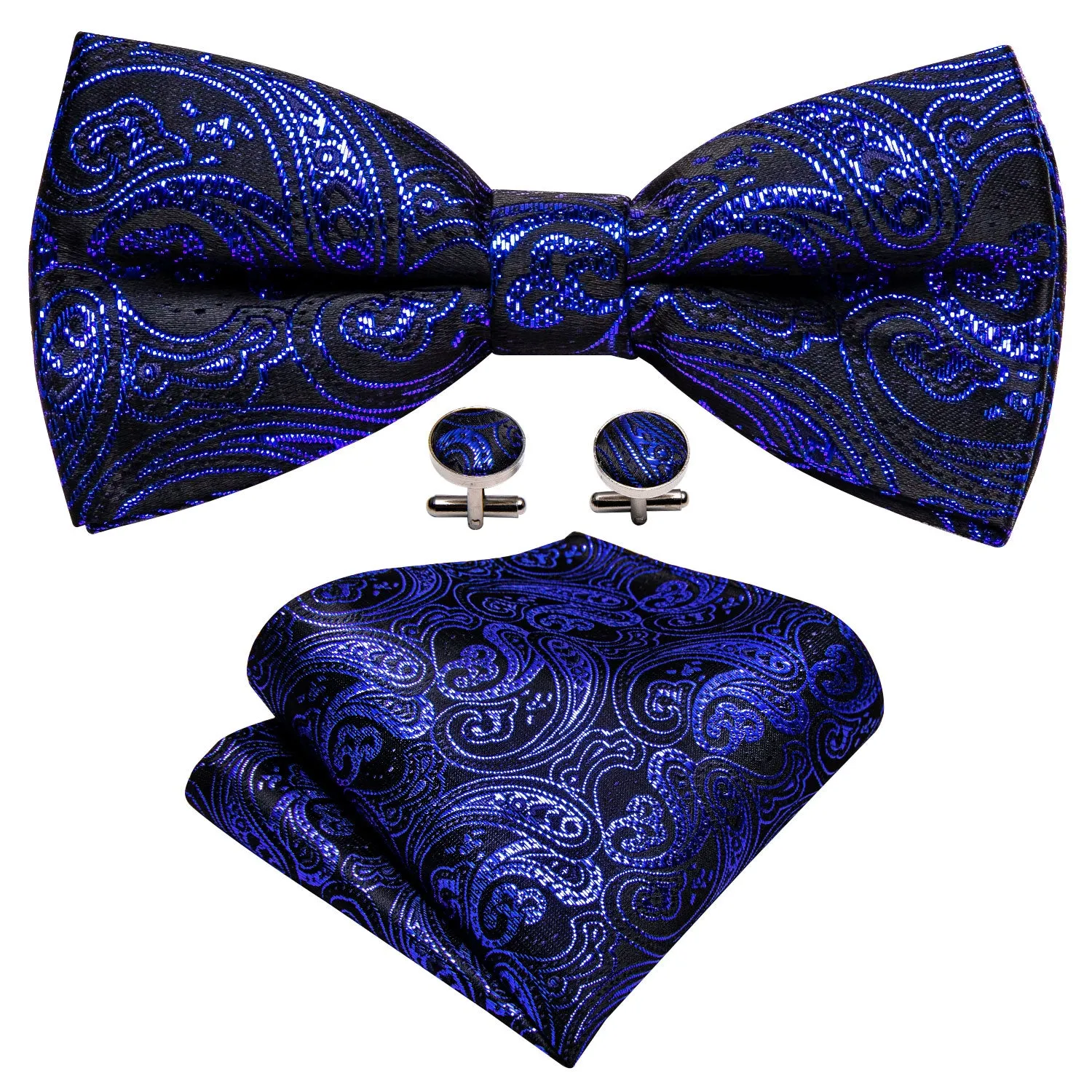 Barry. Wang Men Royal Blue Paisley Pre-tied Bow Tie Hanky Cufflinks Set sold by Barrywang