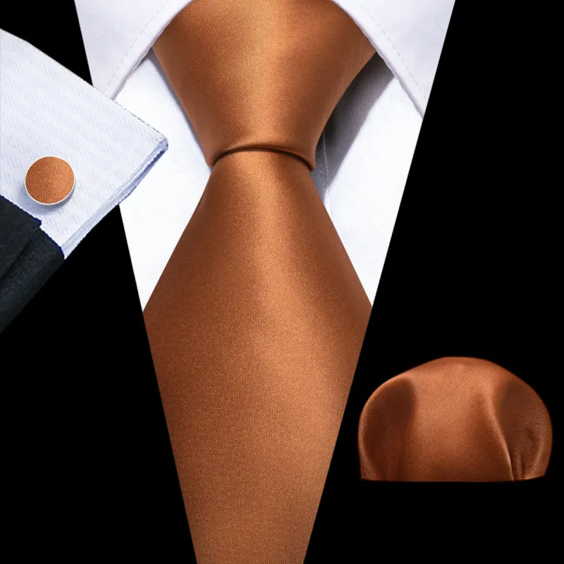 Barry.wang Men's Tie Peru Brown Solid Silk Tie Hanky Cufflinks Set sold by Barrywang