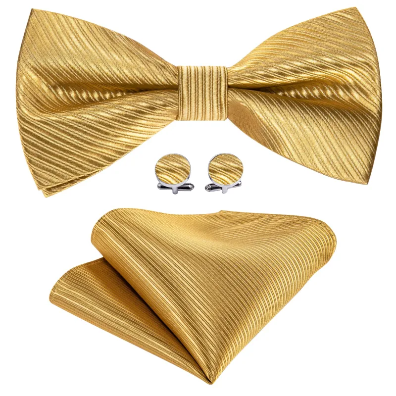 Golden Striped Pre-tied Bow Tie Hanky Cufflinks Set sold by Barrywang