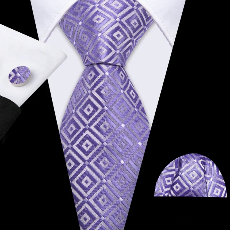 Barry Wang Novetly Purple White Plaid Silk Tie Handkerchief Cufflinks Set sold by Barrywang
