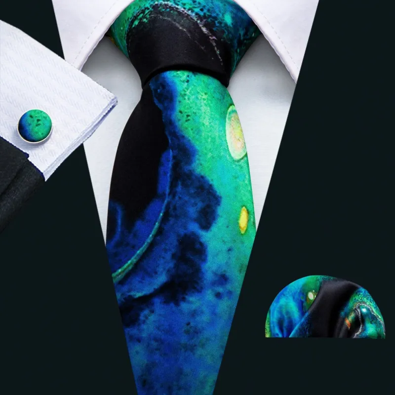 Barry Wang Green Blue Seabed Tie Pocket Square Cufflinks Set sold by Barrywang