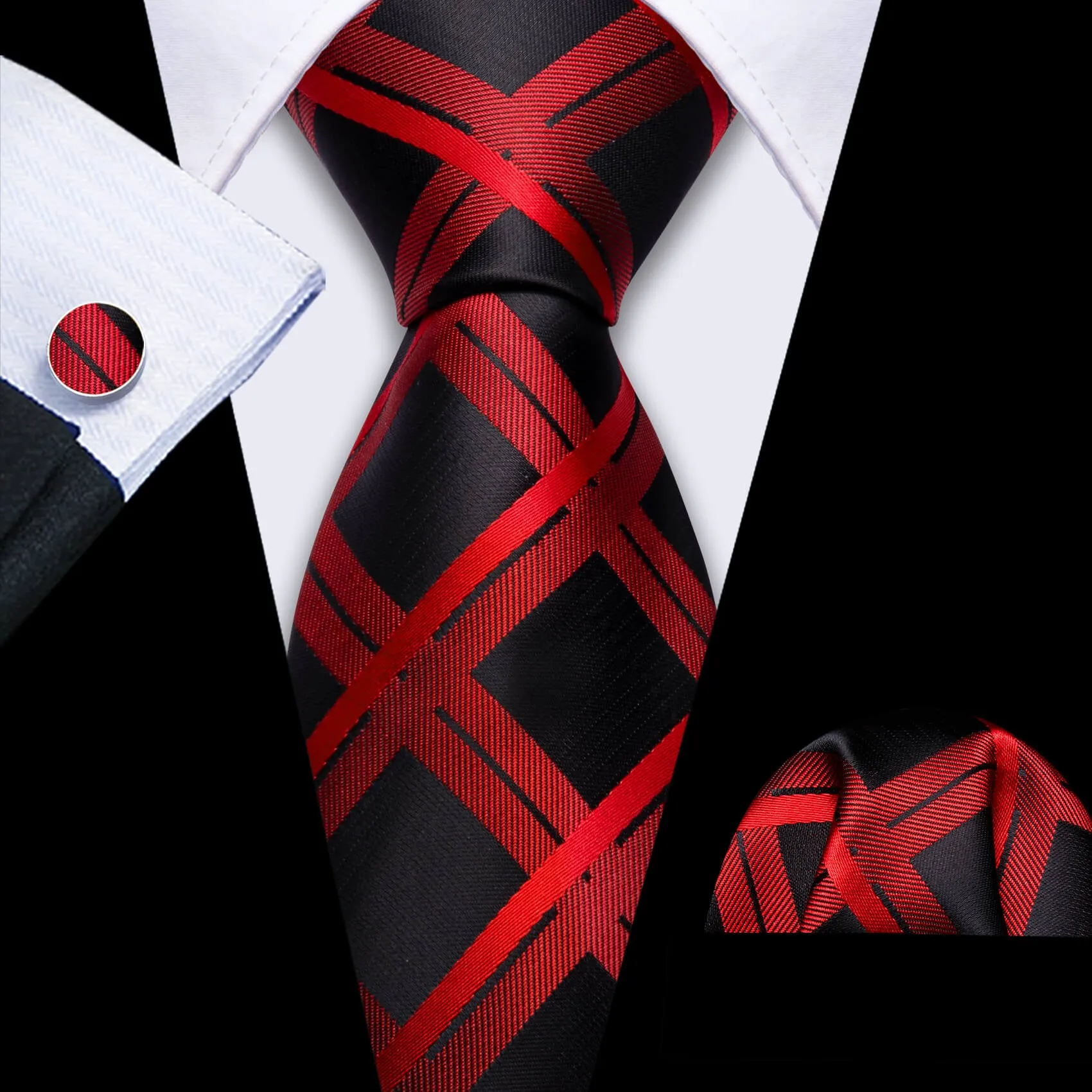 Barry. Wang Plaid Tie Black Orange Red Silk Tie Hanky Cufflinks Set for Men Classic sold by Barrywang