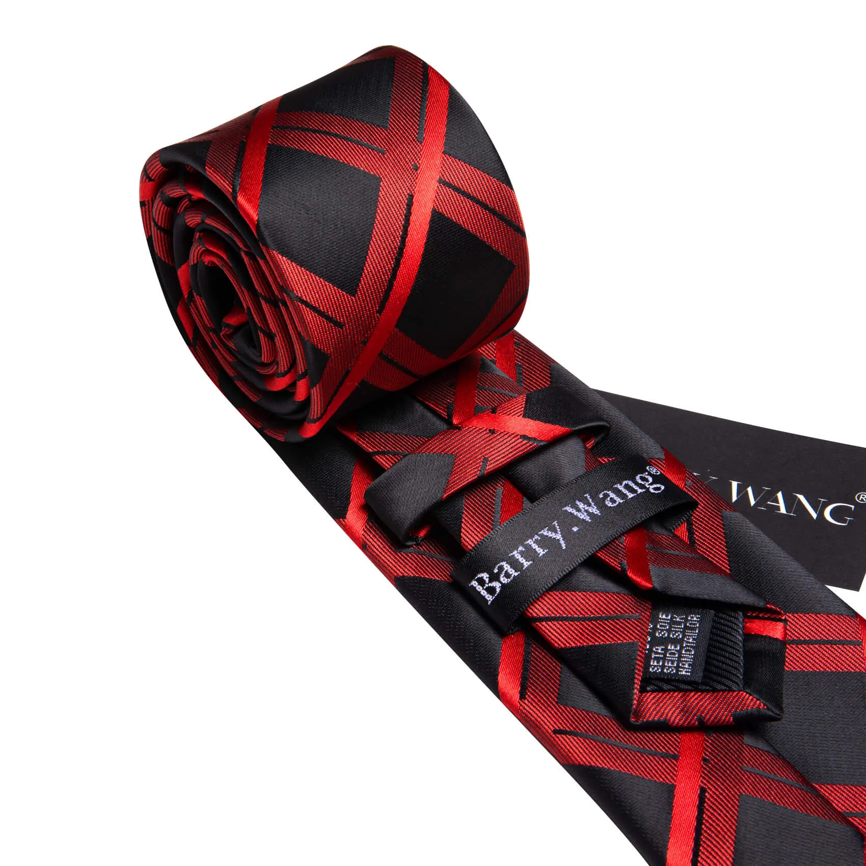 Barry. Wang Plaid Tie Black Orange Red Silk Tie Hanky Cufflinks Set for Men Classic sold by Barrywang product image thumbnail 5