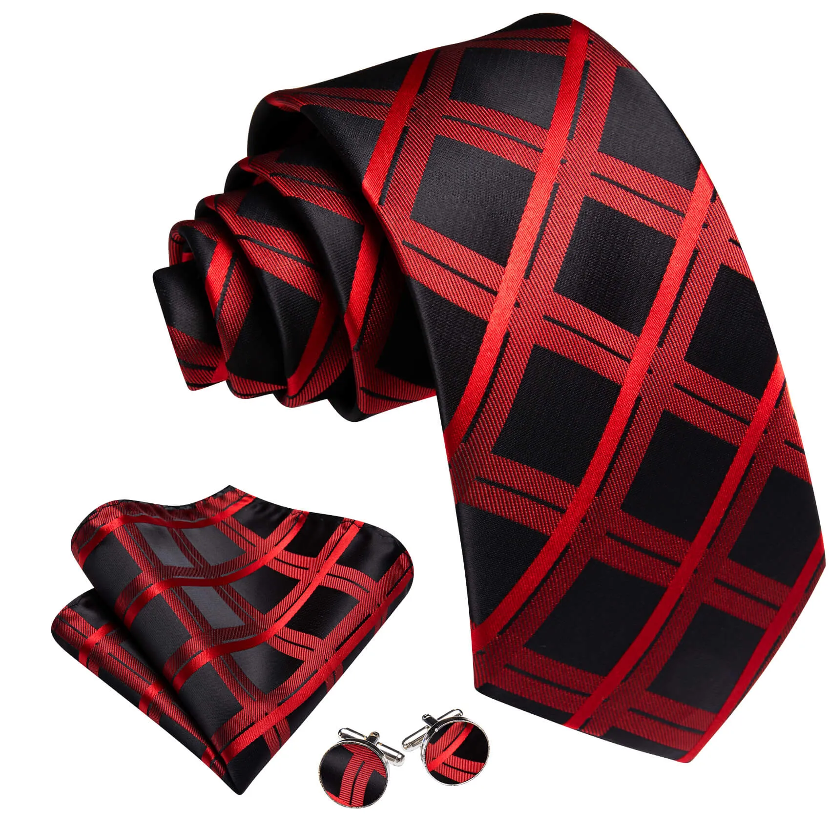 Barry. Wang Plaid Tie Black Orange Red Silk Tie Hanky Cufflinks Set for Men Classic sold by Barrywang product image thumbnail 2