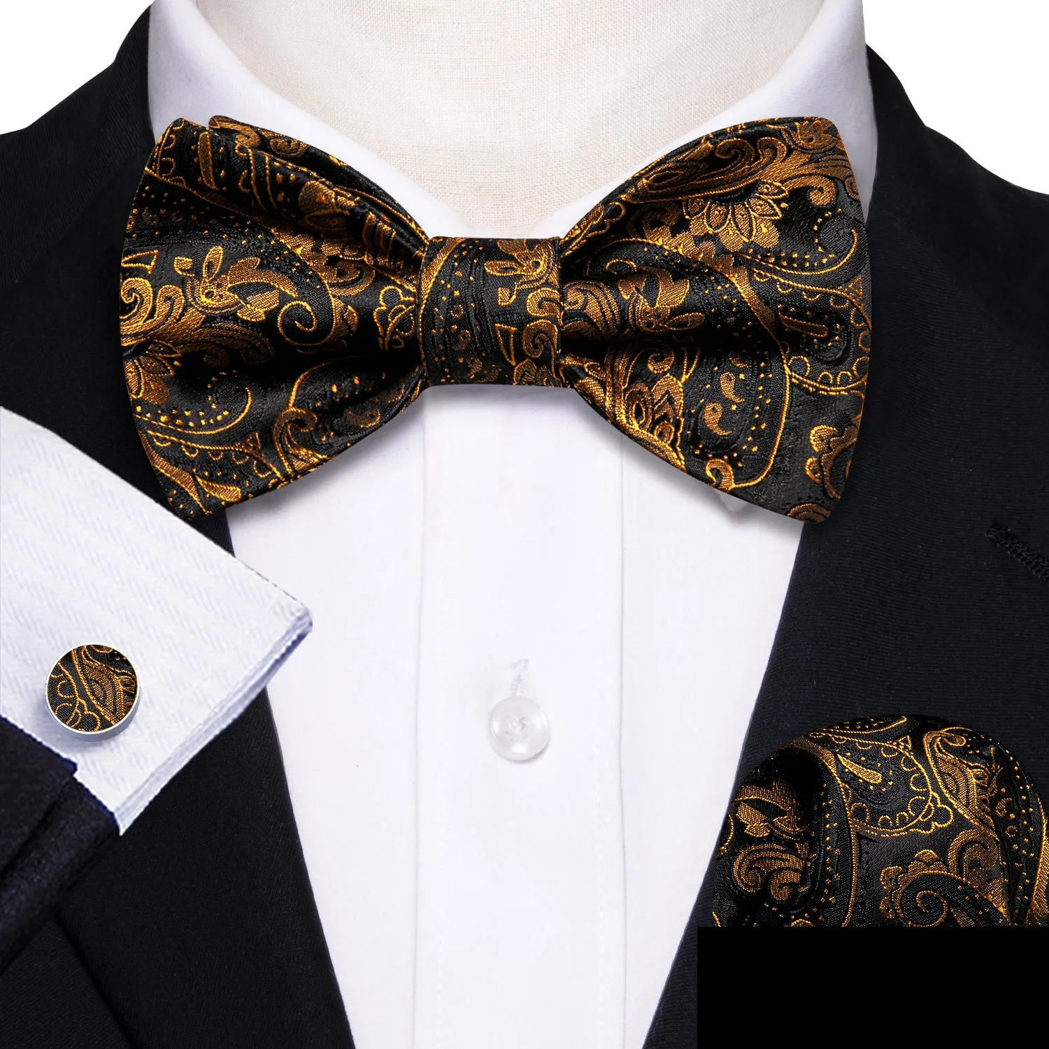 Barry Wang Black Gold Paisley Bow Tie Hanky Cufflinks Set for Men sold by Barrywang product image thumbnail 3