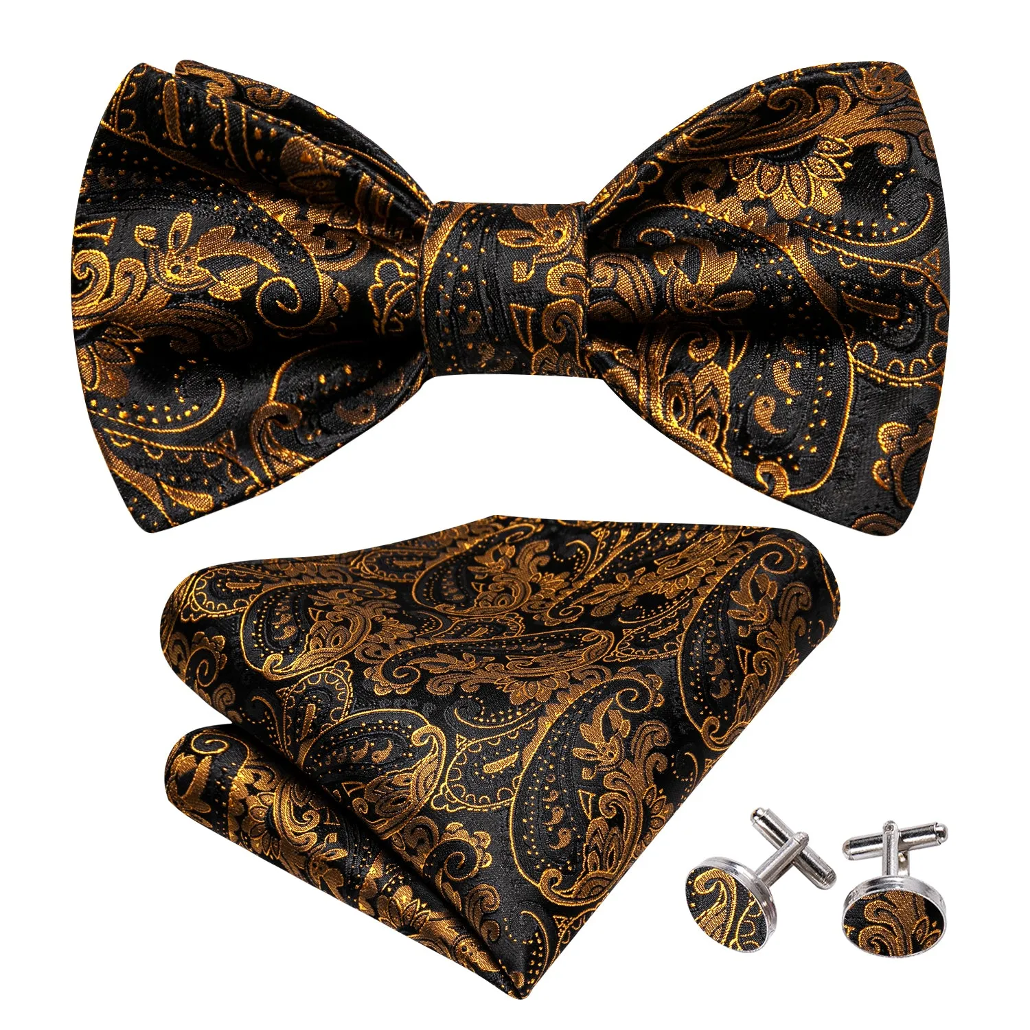 Barry Wang Black Gold Paisley Bow Tie Hanky Cufflinks Set for Men sold by Barrywang