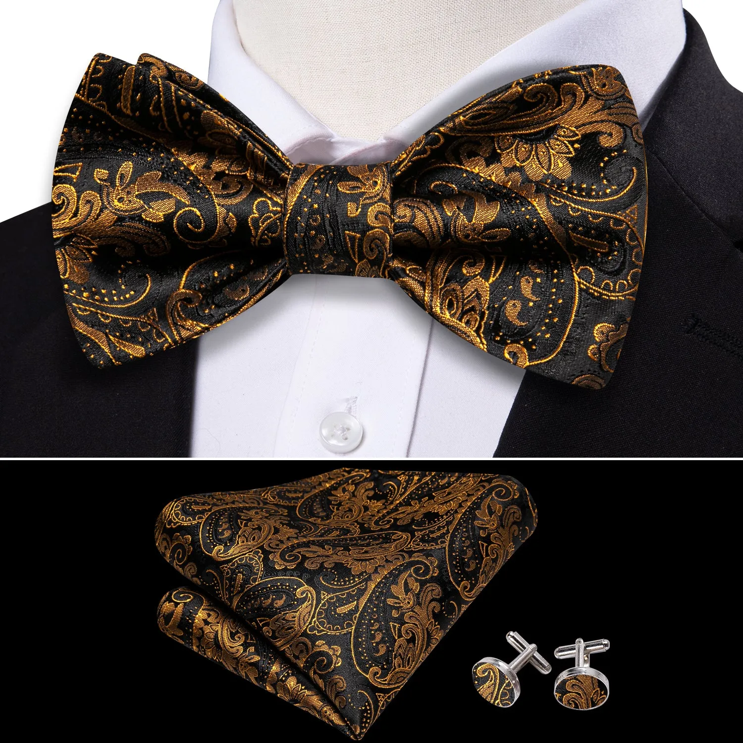Barry Wang Black Gold Paisley Bow Tie Hanky Cufflinks Set for Men sold by Barrywang product image thumbnail 2