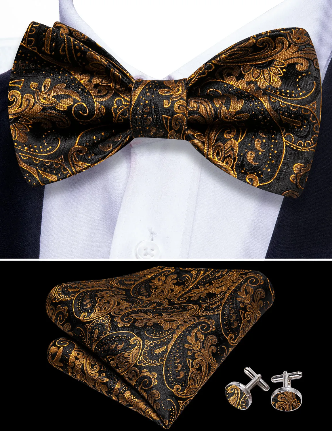 Barry Wang Black Gold Paisley Bow Tie Hanky Cufflinks Set for Men sold by Barrywang product image thumbnail 4