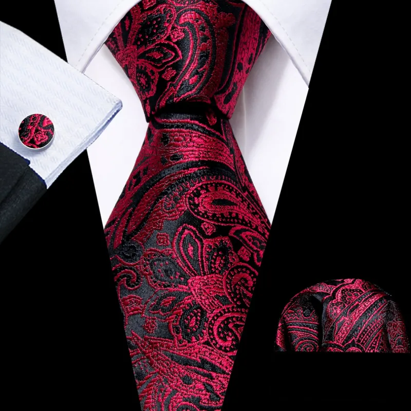 Barry Wang Red Black Paisley Silk Necktie Pocket Square Cufflinks Set sold by Barrywang