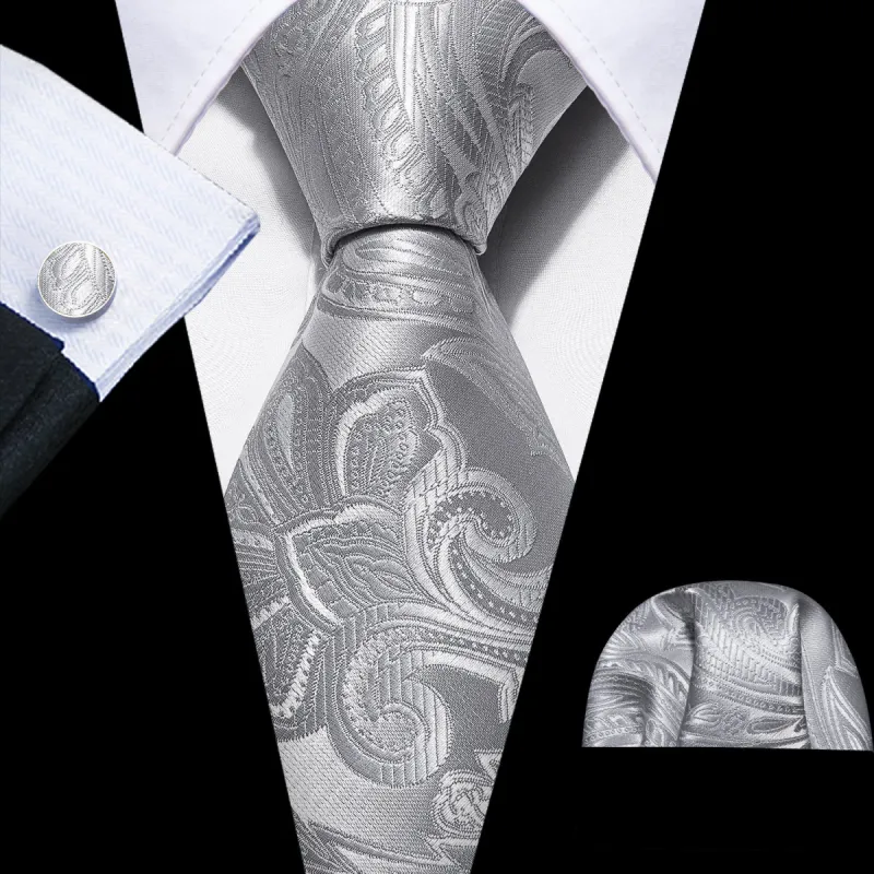 Silver Paisley Silk Tie Hanky Cufflinks Set sold by Barrywang