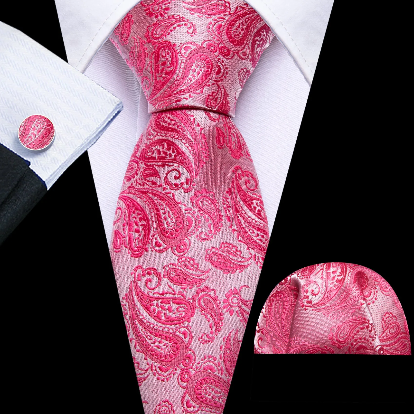 Barry. Wang Deep Pink Paisley 63" Extra Long Tie Hanky Cufflinks Set sold by Barrywang product image thumbnail 2