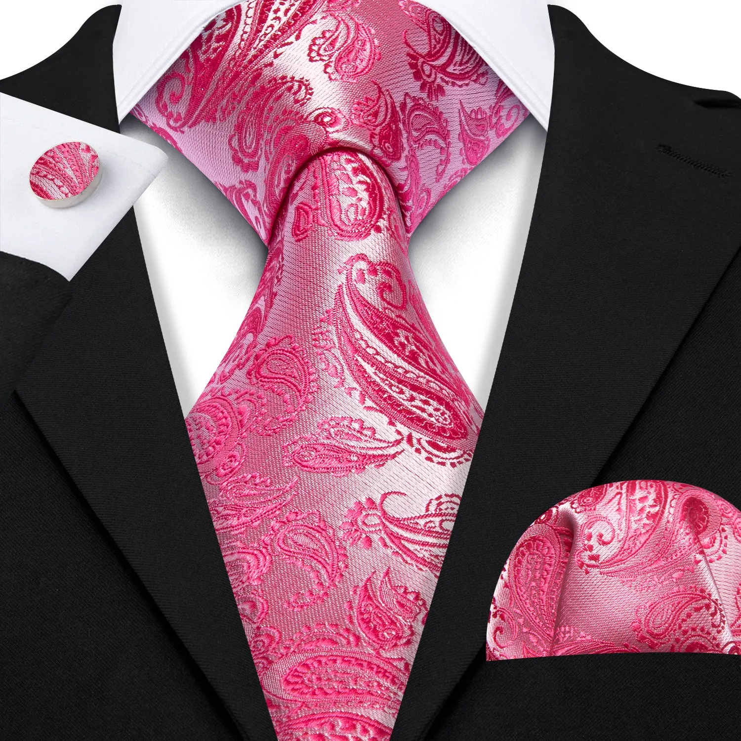 Barry. Wang Deep Pink Paisley 63" Extra Long Tie Hanky Cufflinks Set sold by Barrywang