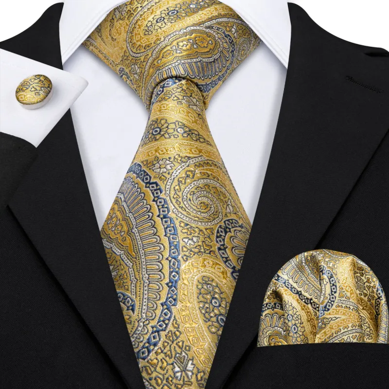 Golden Paisley Men's Necktie Pocket Square Cufflinks Set sold by Barrywang