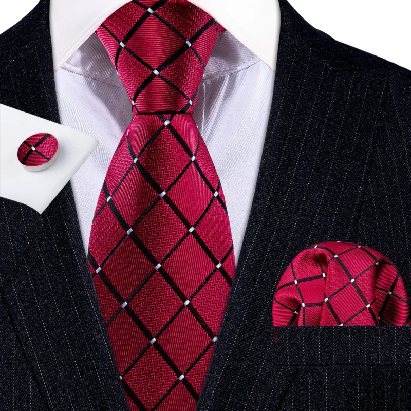 Barry Wang Dark Red Tie Black Plaid Silk Tie Handkerchief Cufflinks Set sold by Barrywang