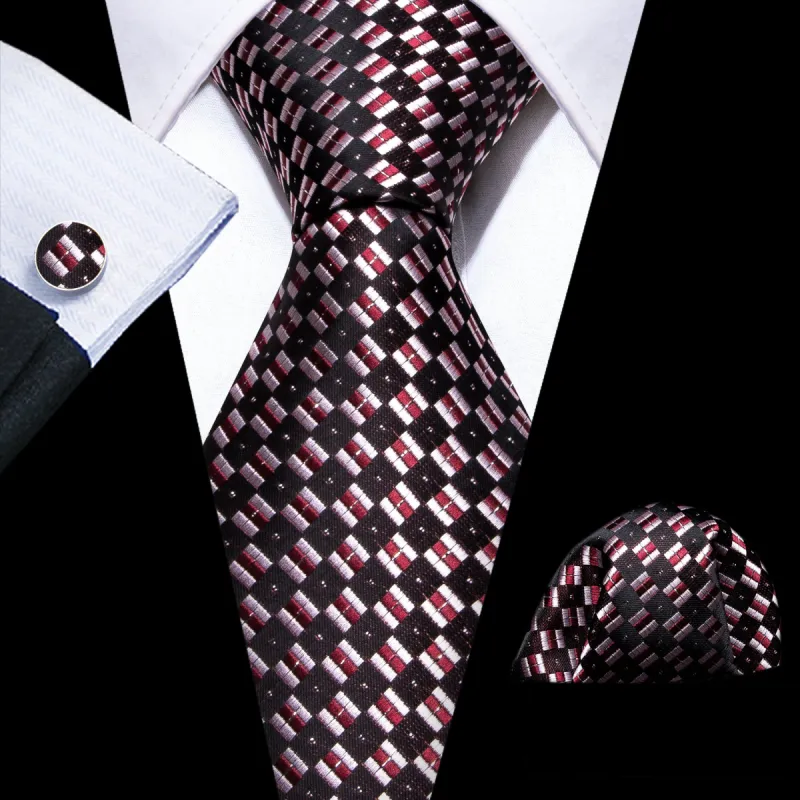 Barry Wang Black Pink Plaid Silk Men's Tie Handkerchief Cufflinks Set sold by Barrywang
