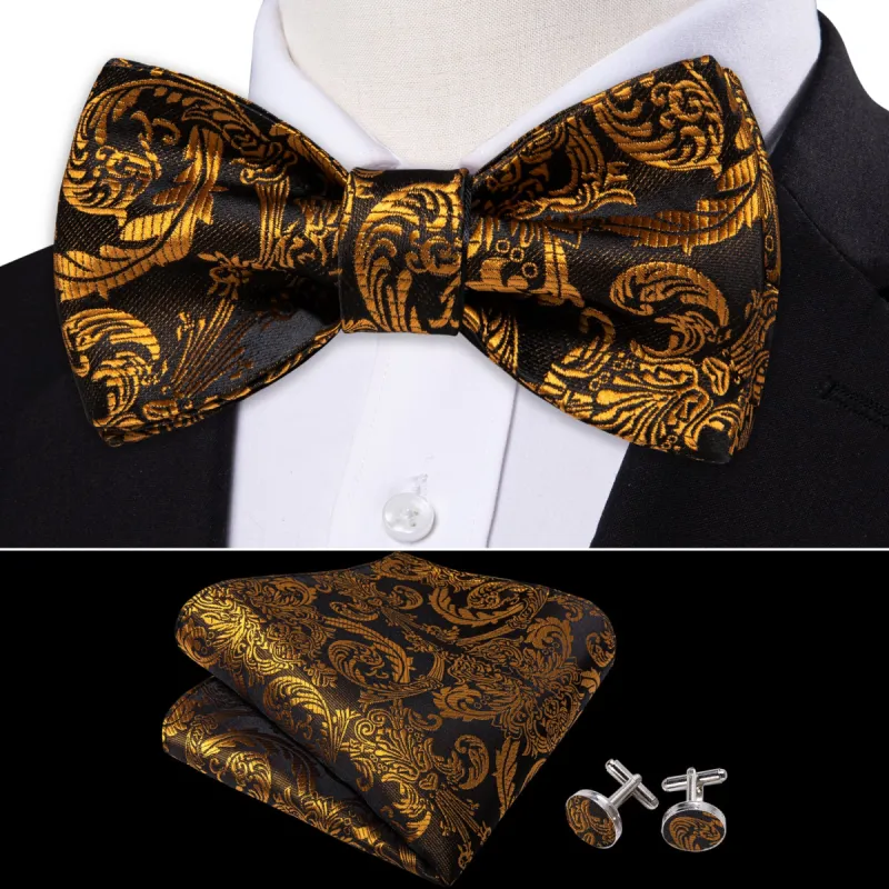 Barry. Wang Gold Black Paisley Silk Self Tie Bow Tie Hanky Cufflinks Set sold by Barrywang