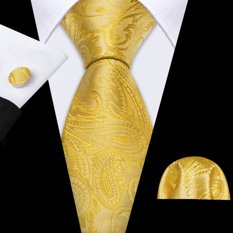 Barry.wang Gold Tie Paisley Silk Mens Tie Pocket Square Cufflinks Set sold by Barrywang