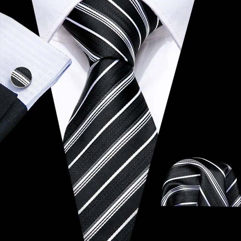 Barry Wang Tie Black White Striped Paisley Silk Tie Hanky Cufflinks Set sold by Barrywang