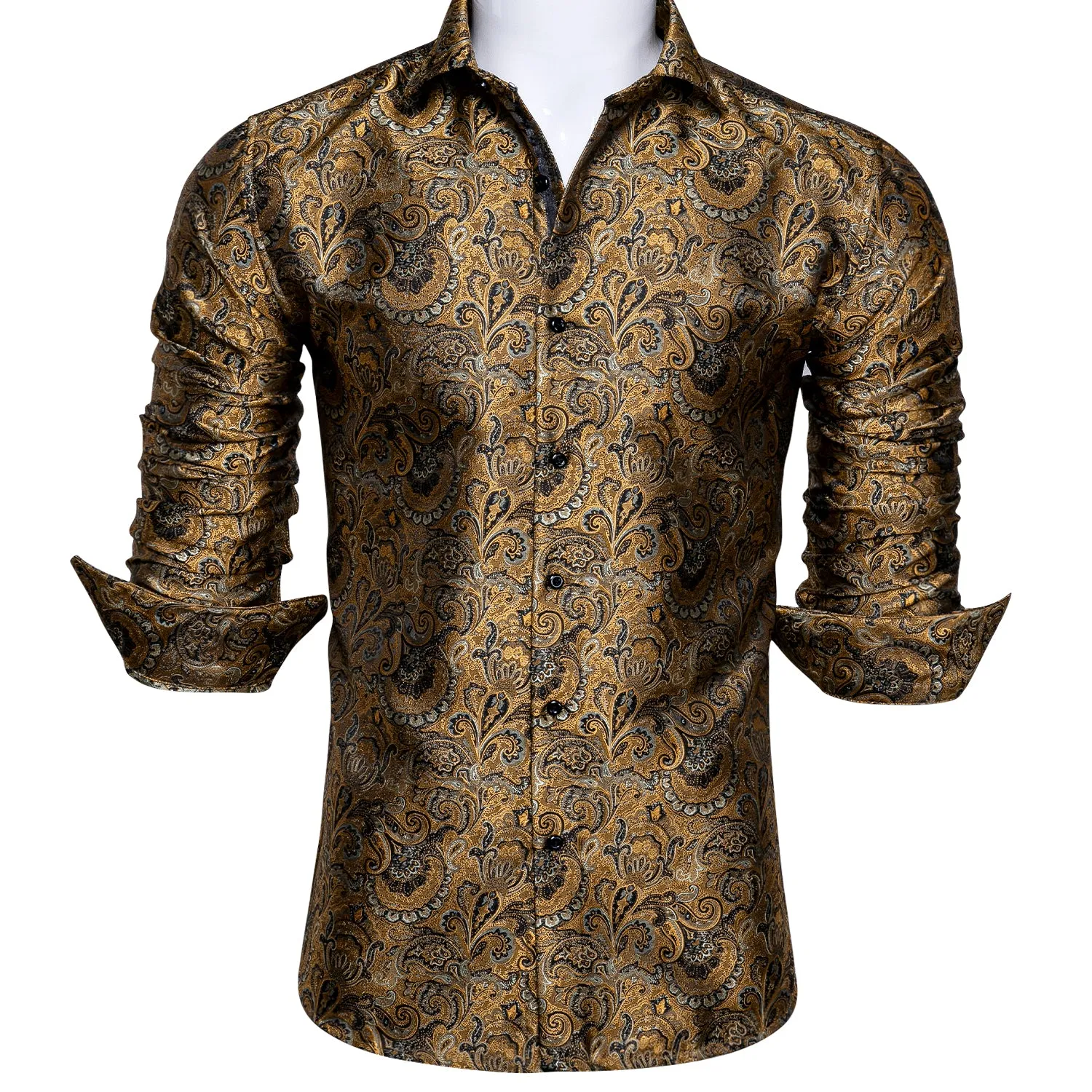 Barry. Wang Button Down Shirt Golden Jacquard Woven Floral Silk Shirt sold by Barrywang product image thumbnail 3