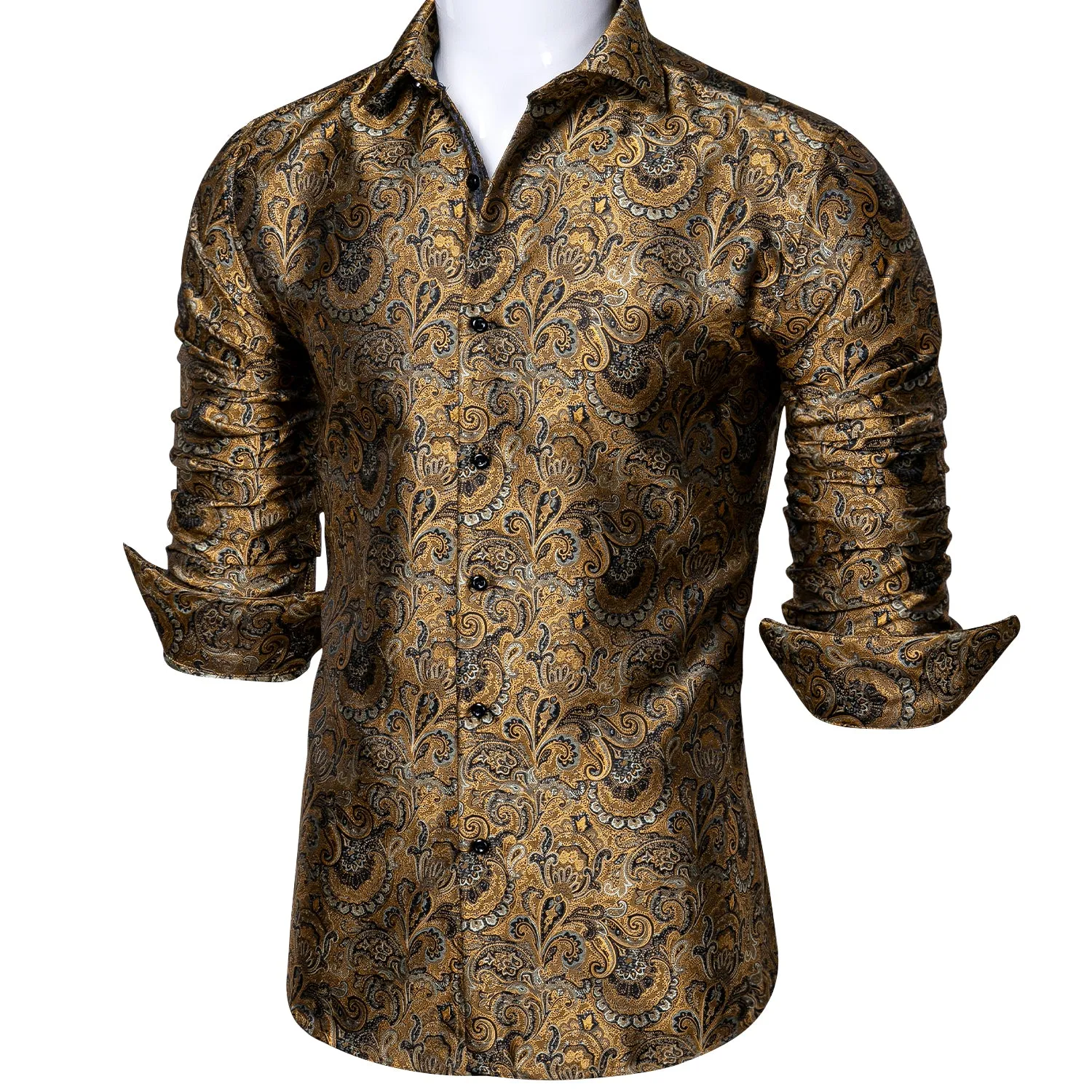 Barry. Wang Button Down Shirt Golden Jacquard Woven Floral Silk Shirt sold by Barrywang product image thumbnail 4