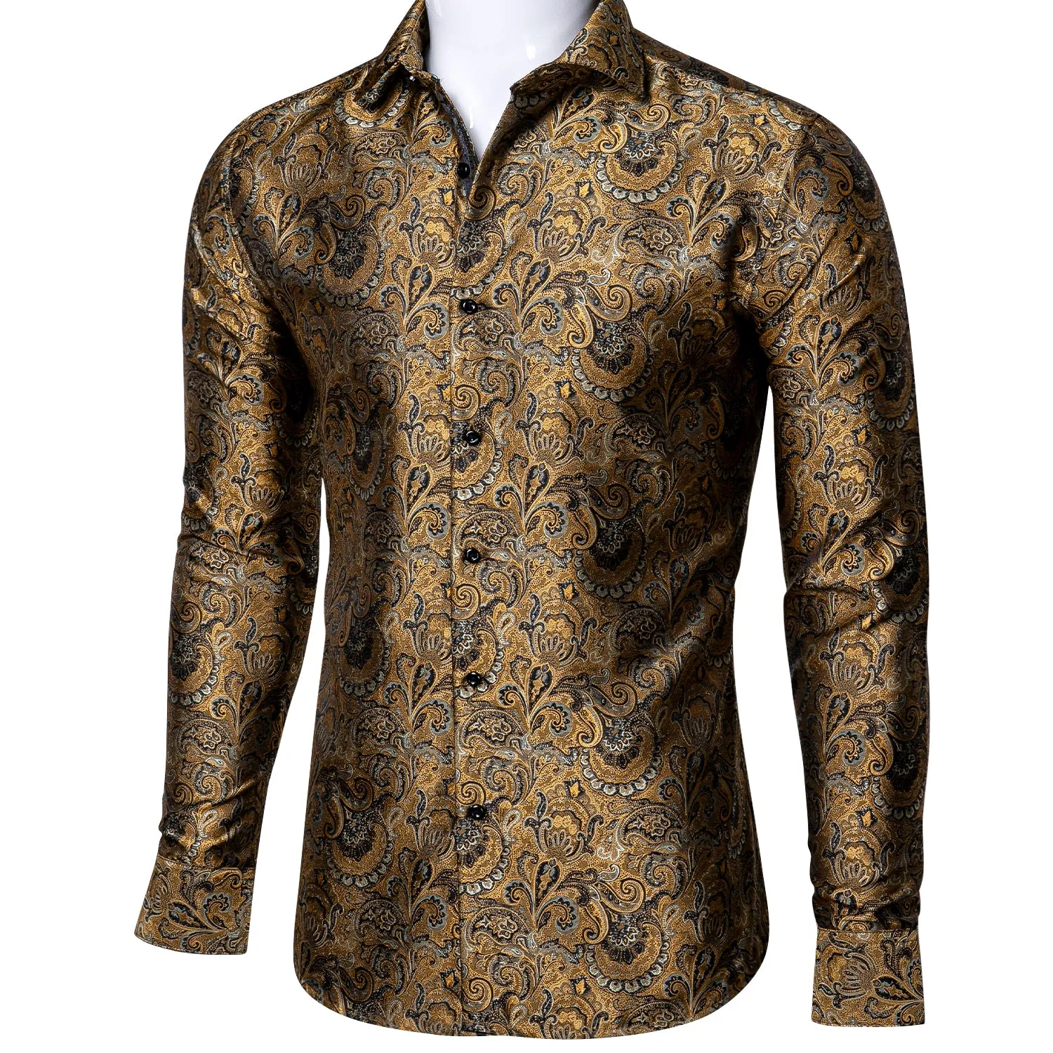Barry. Wang Button Down Shirt Golden Jacquard Woven Floral Silk Shirt sold by Barrywang product image thumbnail 2