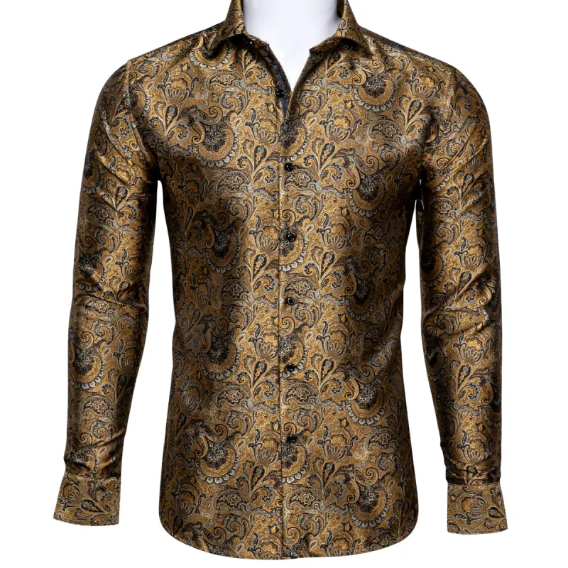 Barry. Wang Button Down Shirt Golden Jacquard Woven Floral Silk Shirt sold by Barrywang
