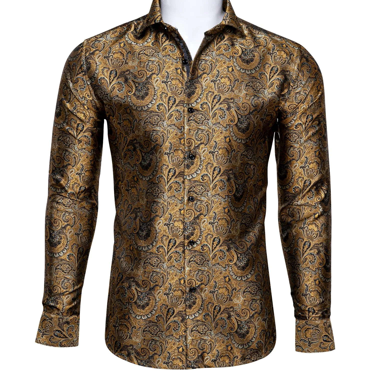 Barry. Wang Button Down Shirt Golden Jacquard Woven Floral Silk Shirt sold by Barrywang