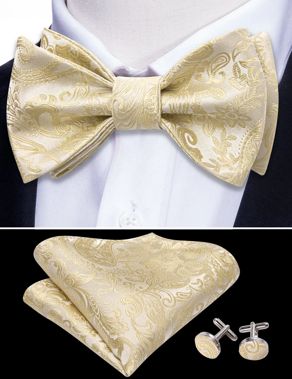 Linen Paisley Silk Bow Tie Hanky Cufflinks Set sold by Barrywang product image thumbnail 2