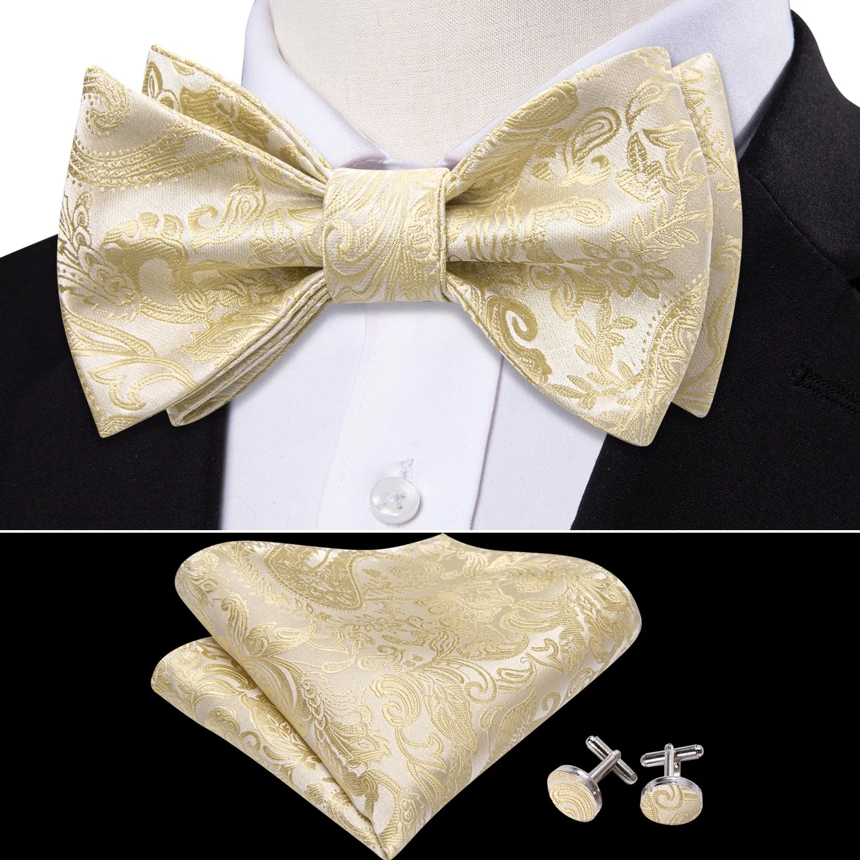 Linen Paisley Silk Bow Tie Hanky Cufflinks Set sold by Barrywang
