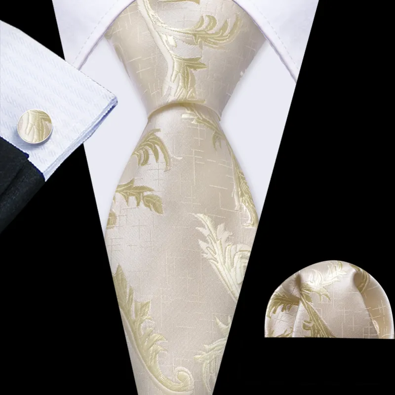 Barry Wang Silk Champagne Tie Ivory Floral Silk Tie Hanky Cufflinks Set sold by Barrywang