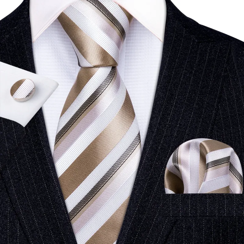 Barry Wang Champagne White Striped Silk Tie Hanky Cufflinks Set for Men sold by Barrywang